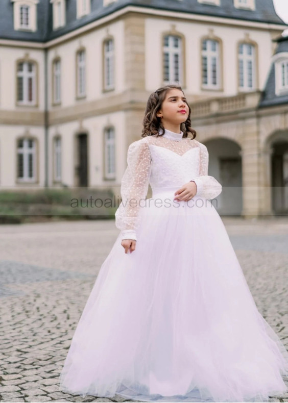 High Collar White Lace Tulle Slit Back Flower Girl Dress